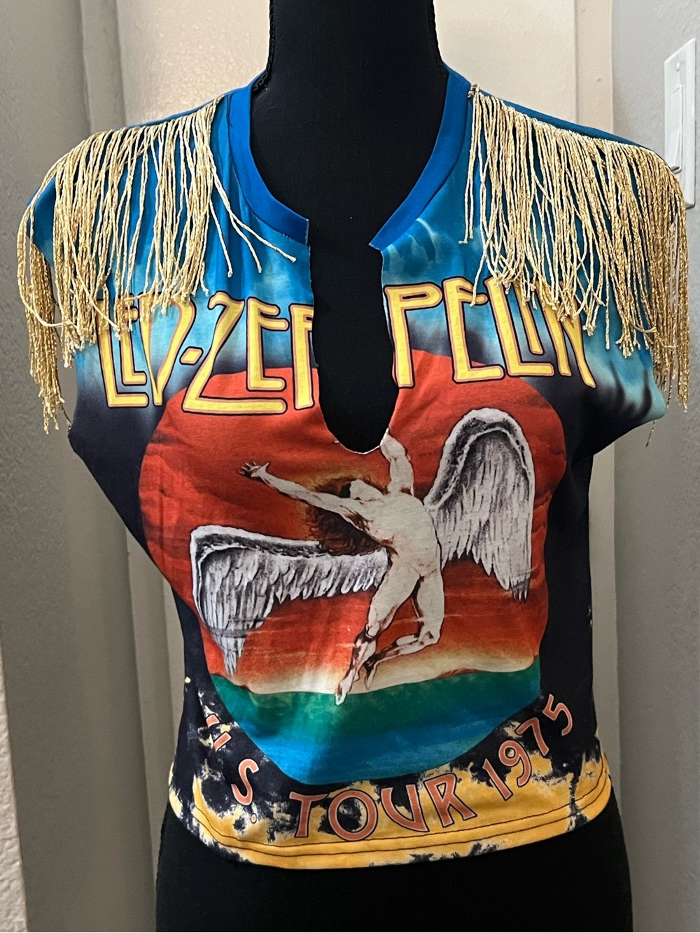 Led Zeppelin Women's Rainbow Graphic Crop Top with Gold Fringe